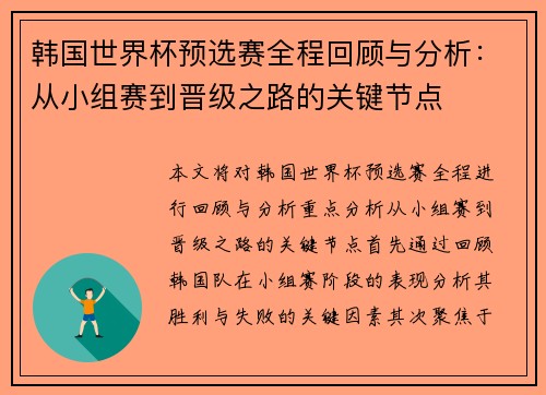 韩国世界杯预选赛全程回顾与分析：从小组赛到晋级之路的关键节点